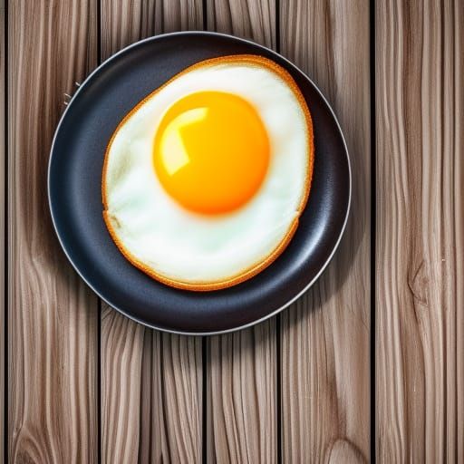 a fried egg on a dish. wooden table background.
