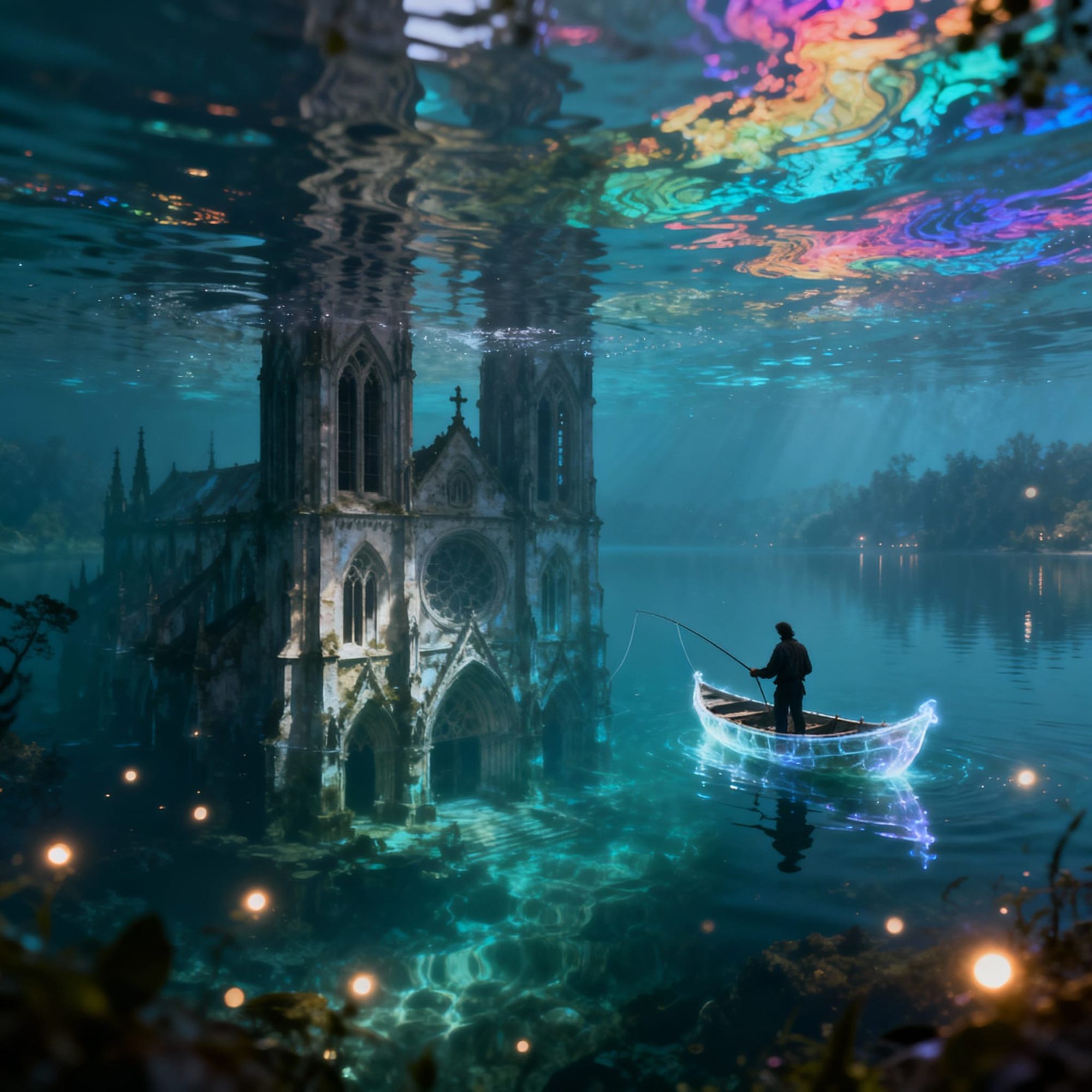 Surreal concept art. A grand, forgotten cathedral submerged beneath a crystal-clear lake, where a lone figure fishes from a spectral boat. H...