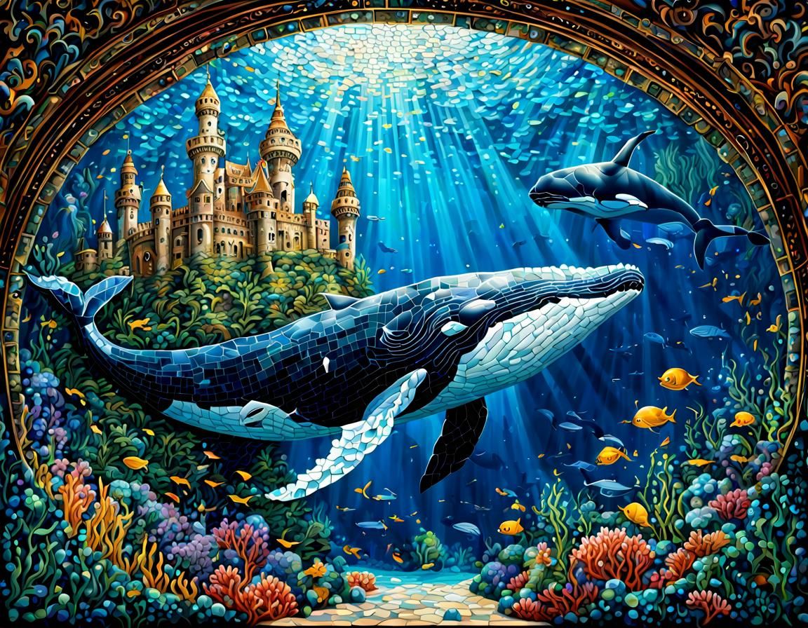 Beautiful and intricate Mosaic portrait of an underwater castle with a whale swimming over it, intricate ...  by @RenegadeWorks