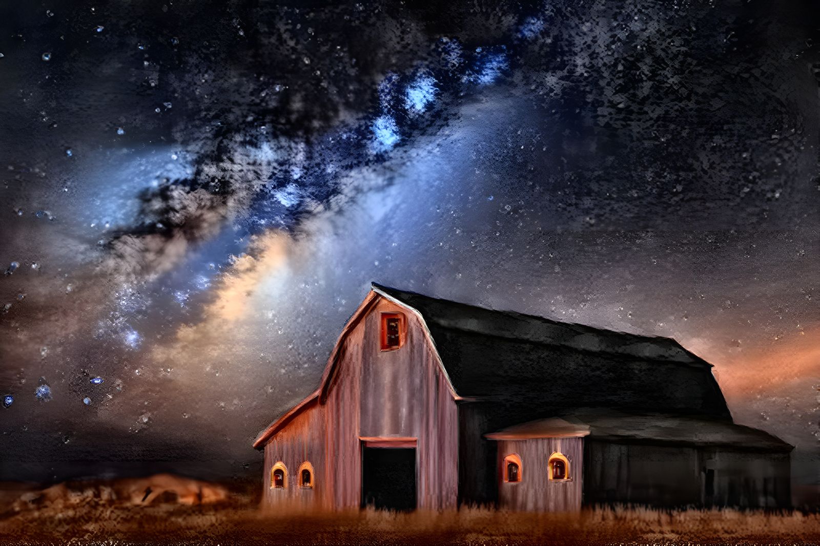 065 Beautiful night and old barn with starry night sky - 1385 -mixed oil styles