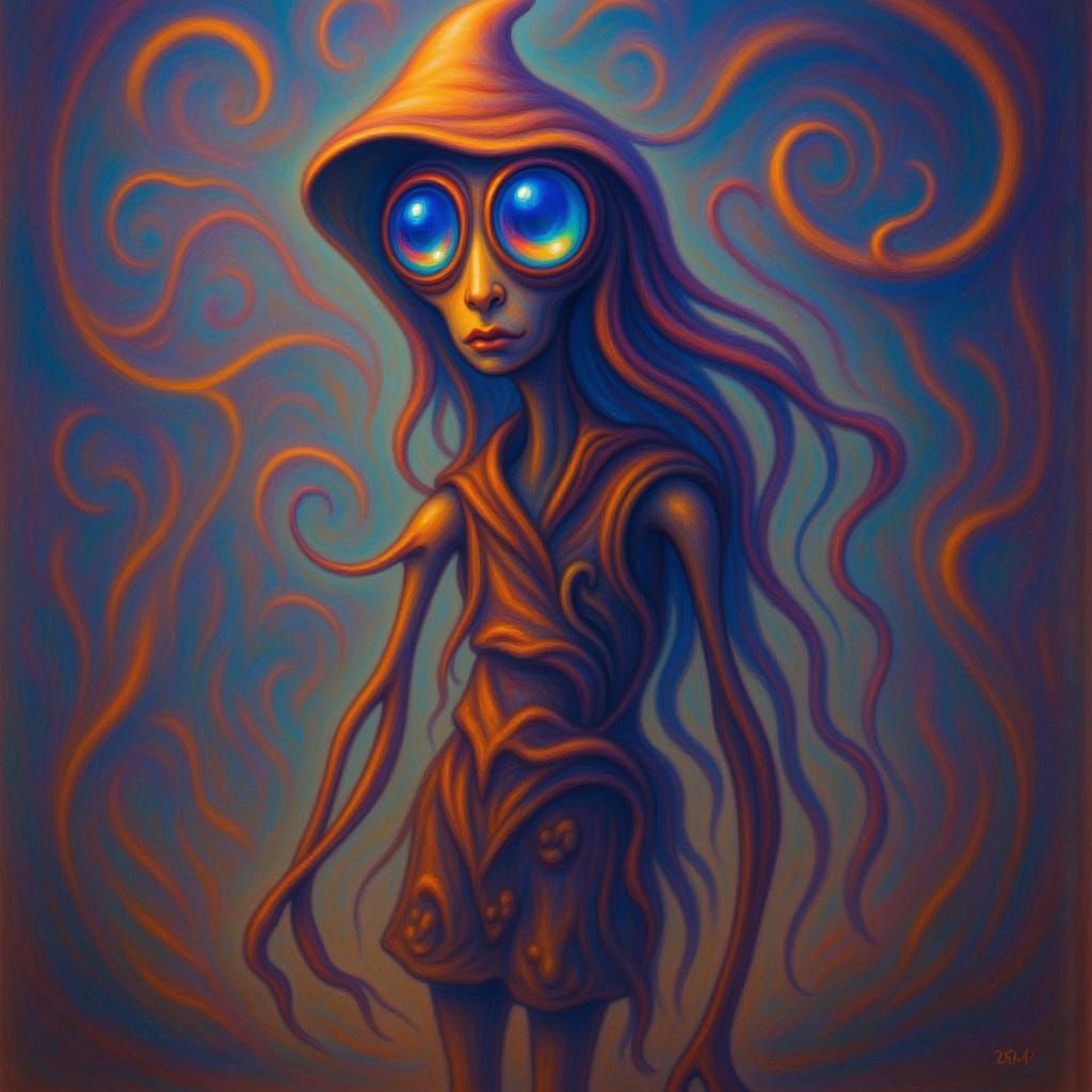 <lora:-Twisted Whimsy-:1.0>  Whimsical atmosphere ▪ Enchanted forest setting ▪ Scarecrow figure with glowing eyes and a fabric head ▪ Playfu...