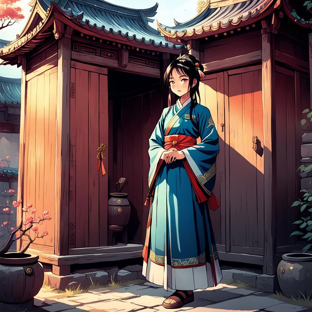 (ancient china) BEAUTIFUL WOMAN standing by an outhouse in the palace, 
 Masterpiece, Best Quality, flat, Manga Scan, An...