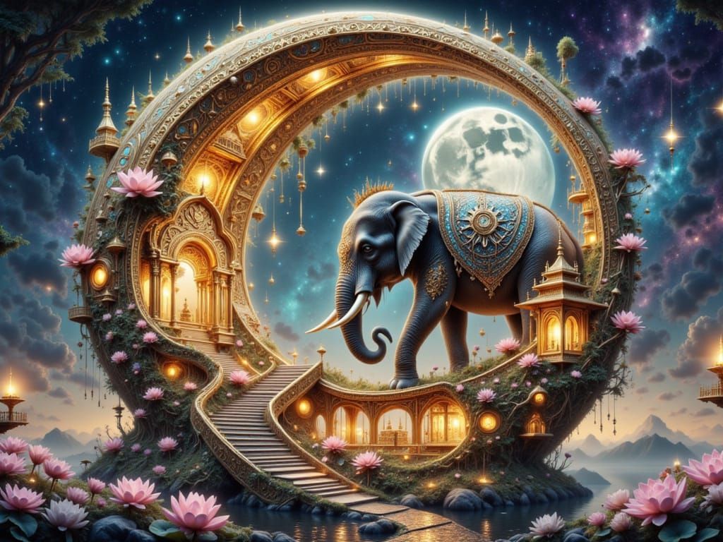 <lora:FiosCrescentMoons:1.0> Intricate fantasy ornate elephant nestled within a luminous crescent moon, monsoon twilight scene with golden ...
