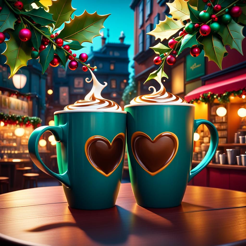 Two funny coffee cups kissing each other under the mistletoe in colorful  coffee shop - AI Generated Artwork - NightCafe Creator