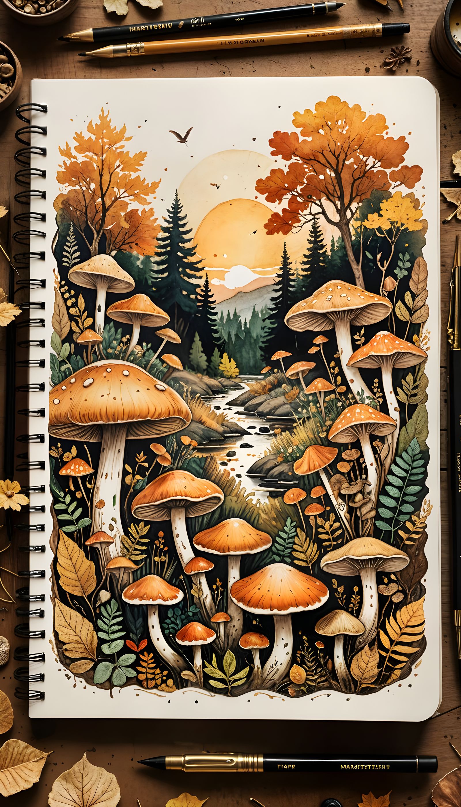 Botanical sketchbook laying open, Earth tones, Autumn.  by @Bunnzo