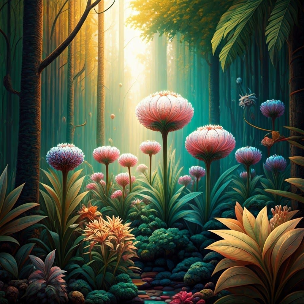 vivid colors, fantastical forest, ethereal impressionistic surreal magical abstract Dali, Picasso 