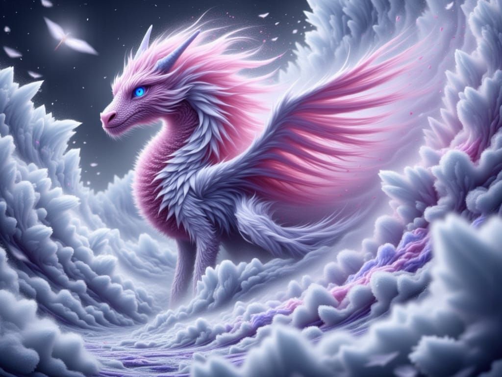  <lora:FiosWindsweptEcho:1.0> Fluffy Pink Dragon in cloudscape