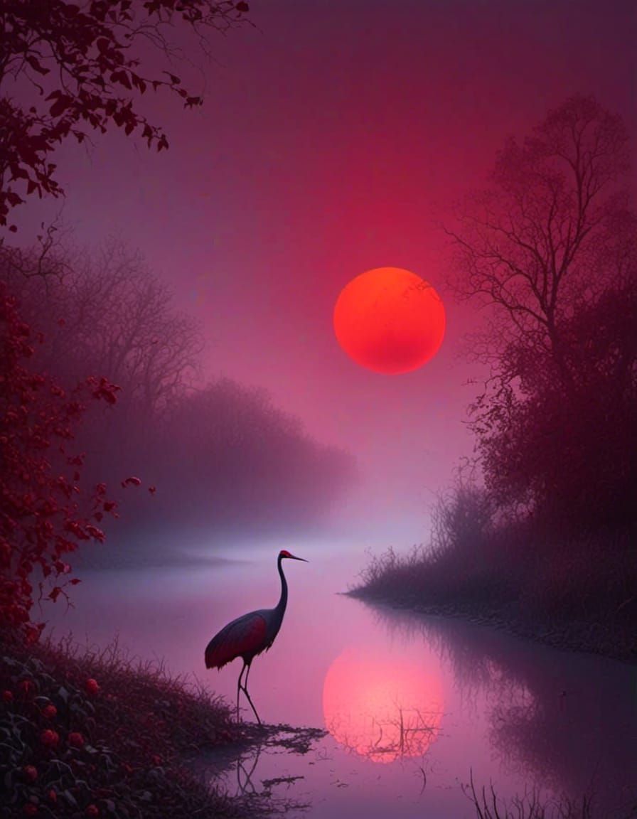Lonely Crane in Red Moon night  by @Me May Phim