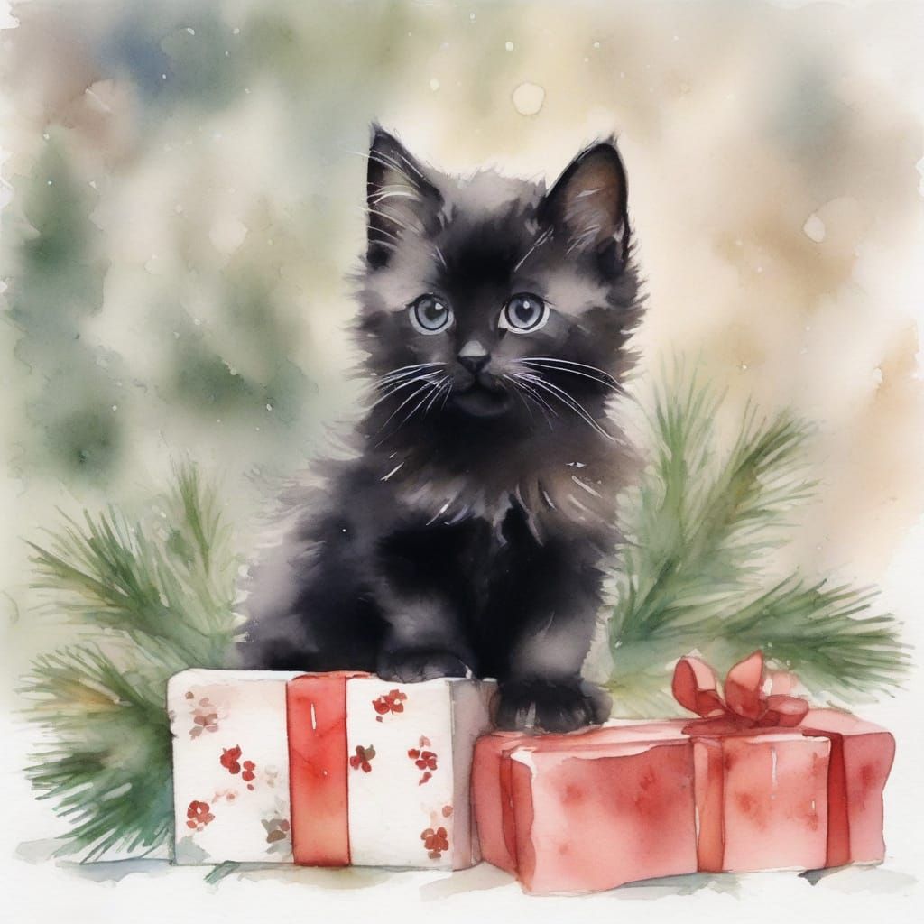 Adorable Fluffy Black Kitten on Christmas Gift in Watercolor