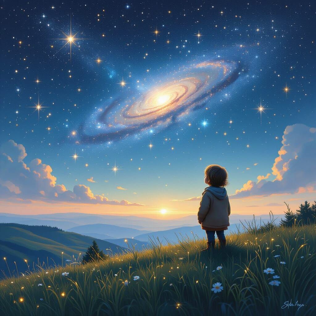 Child Gazing at Starry Universe, Digital Art