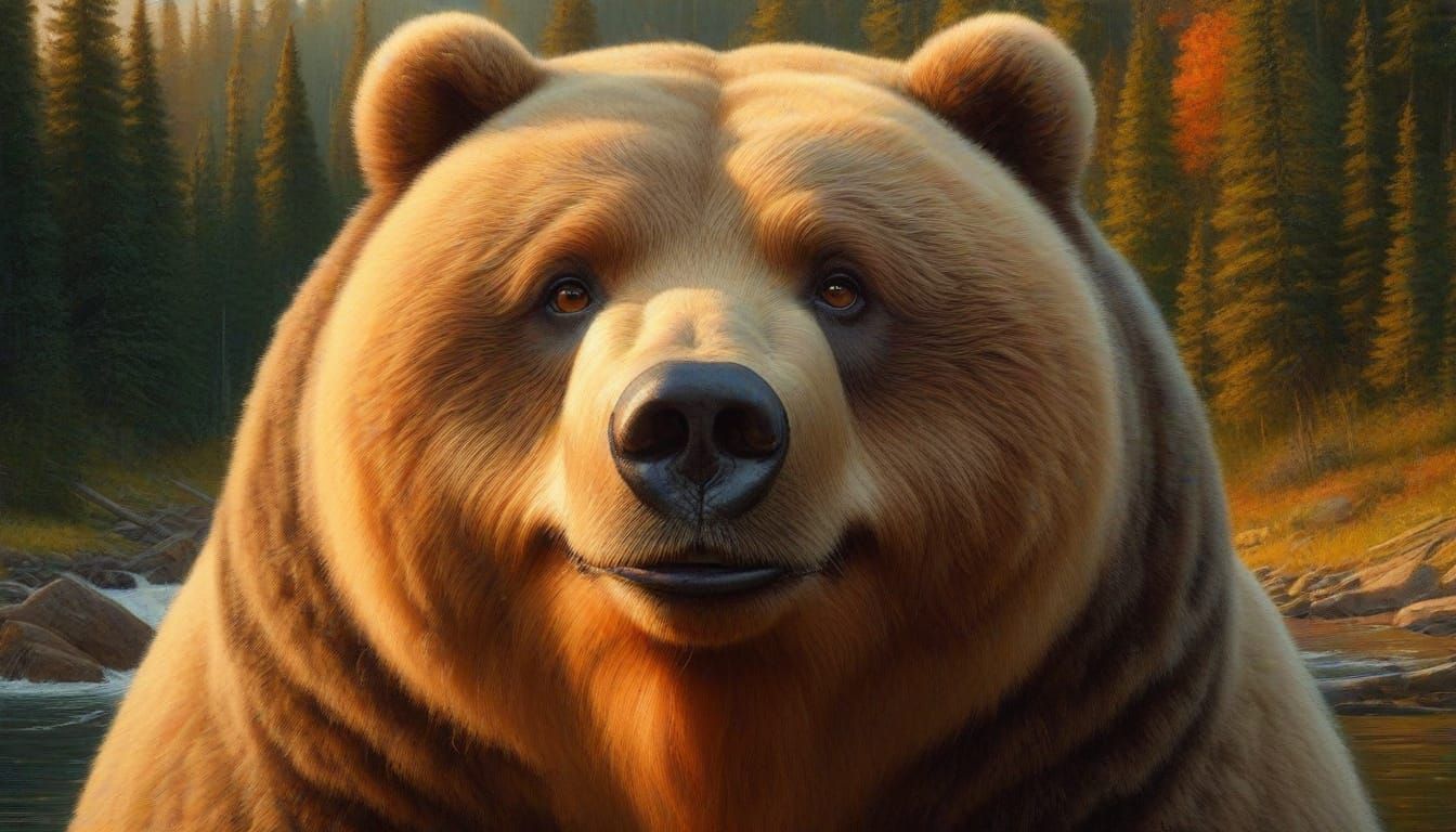 close-up portrait: obese Kodiak Bear-Park Ranger; looking at the viewer with pleased interest burning forest surroundings; Norman Rockwell a...