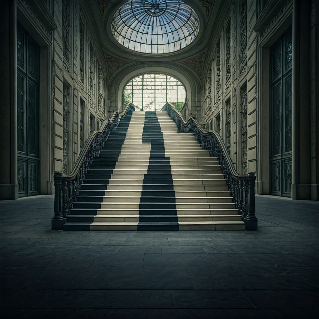 Surreal Staircase Made of Floating Piano Keys in Mid-Air