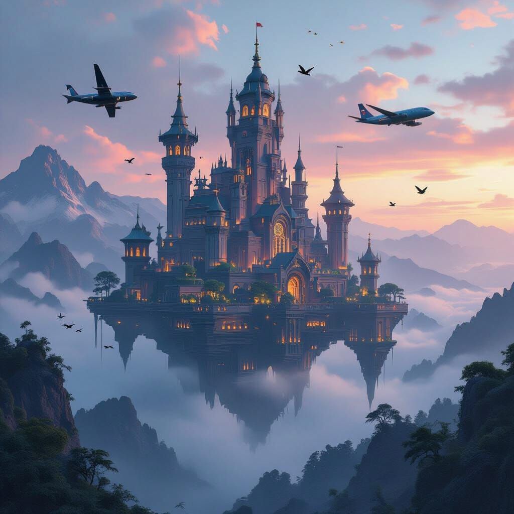 a magnificent cyberpunk caste hovering over rows of mountains, evening, birds and air crafts entering and exiting the castle 