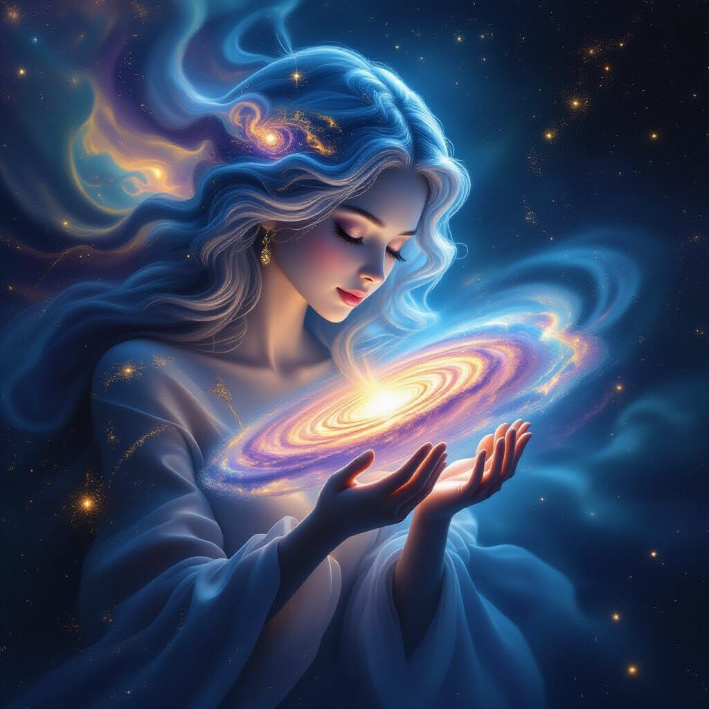 Cosmic Goddess Holding Galaxy in Deep Space