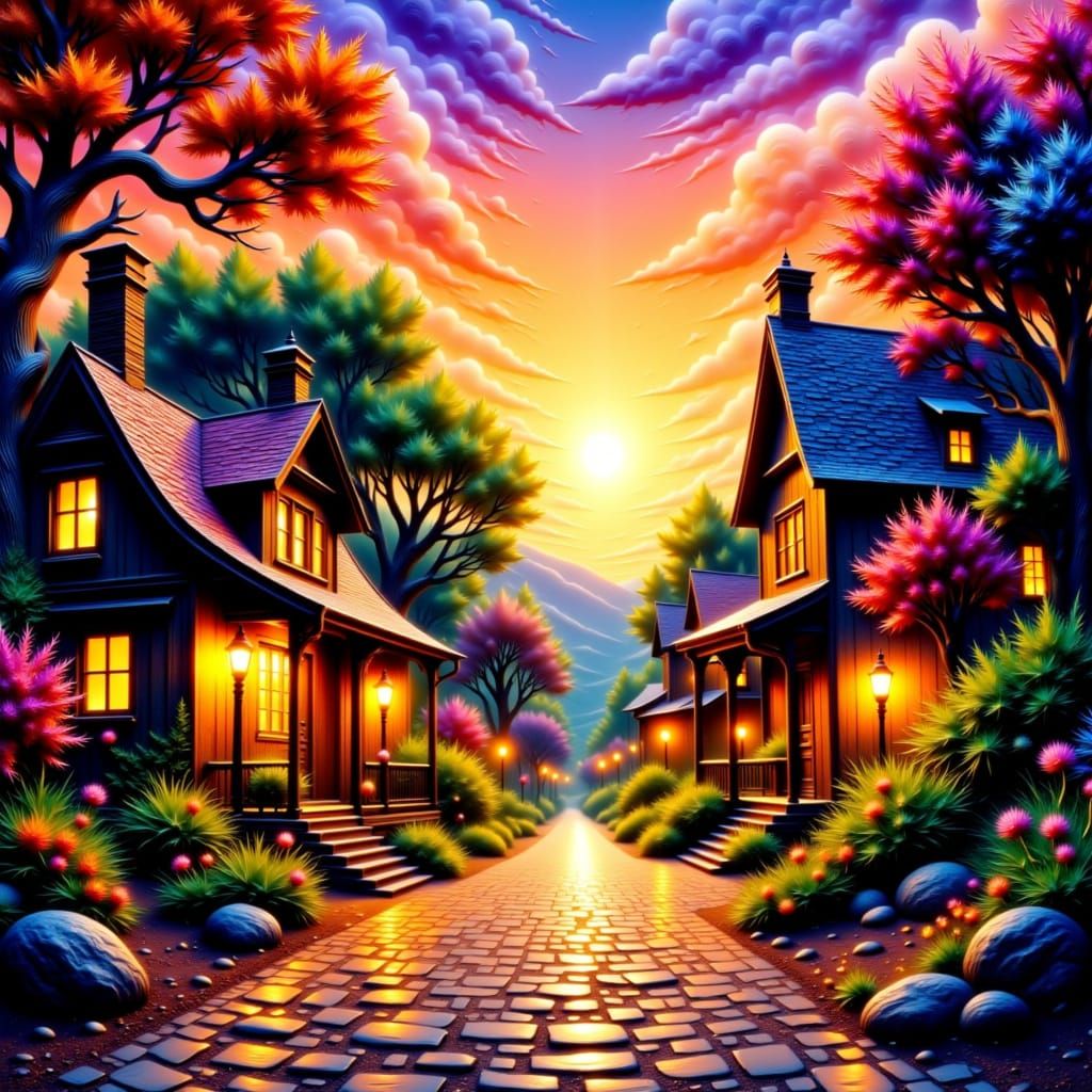 <lora:Textureself:1.0>
Textureself.
painterly village nestled in glowing autumn woods, half of the scene basked in golden morning, the other...