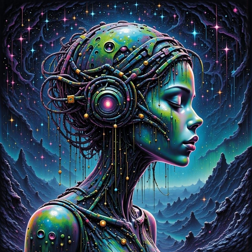 an Android woman singing a song in a alien world  