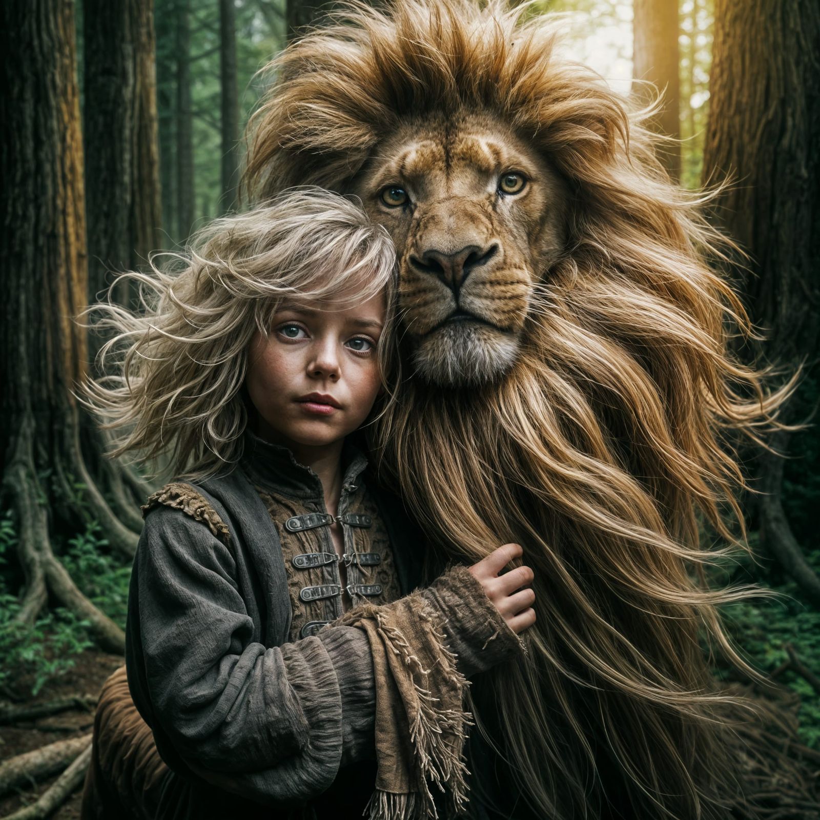 Child and Lion Embrace in Mystical Forest