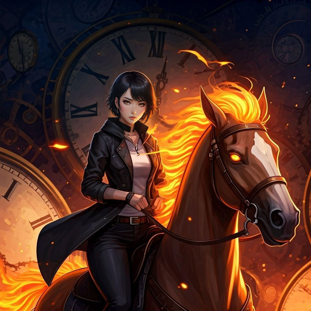 Thai Woman Rides Fiery Horse Amidst Giant Clocks in Anime St...