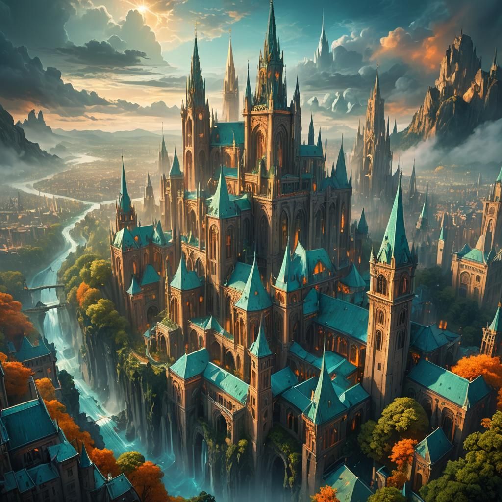 Ethereal Fantasy Cityscape in a Vibrant Forest