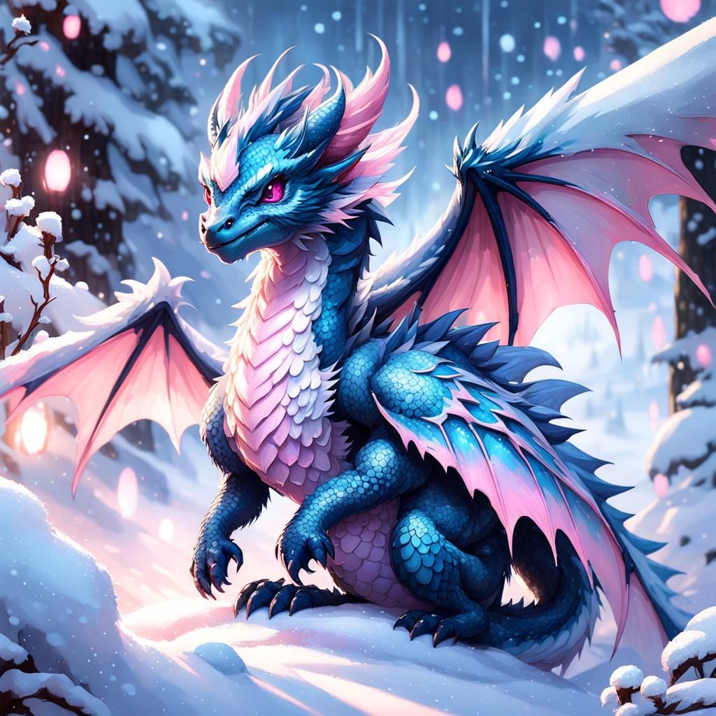 A whimsical adorable cute baby chibi fluffy dragon with blue and pink ...