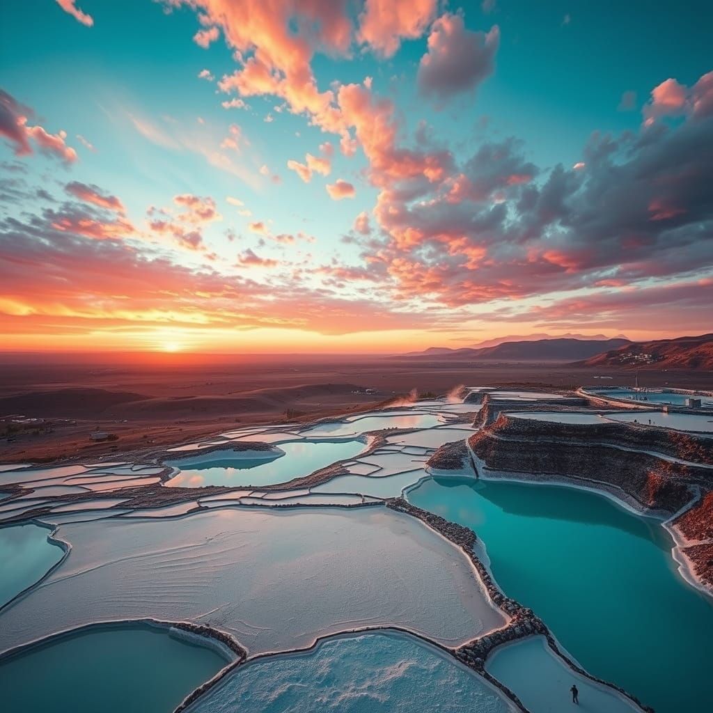 Vibrant Sunset Over Turquoise Thermal Pools