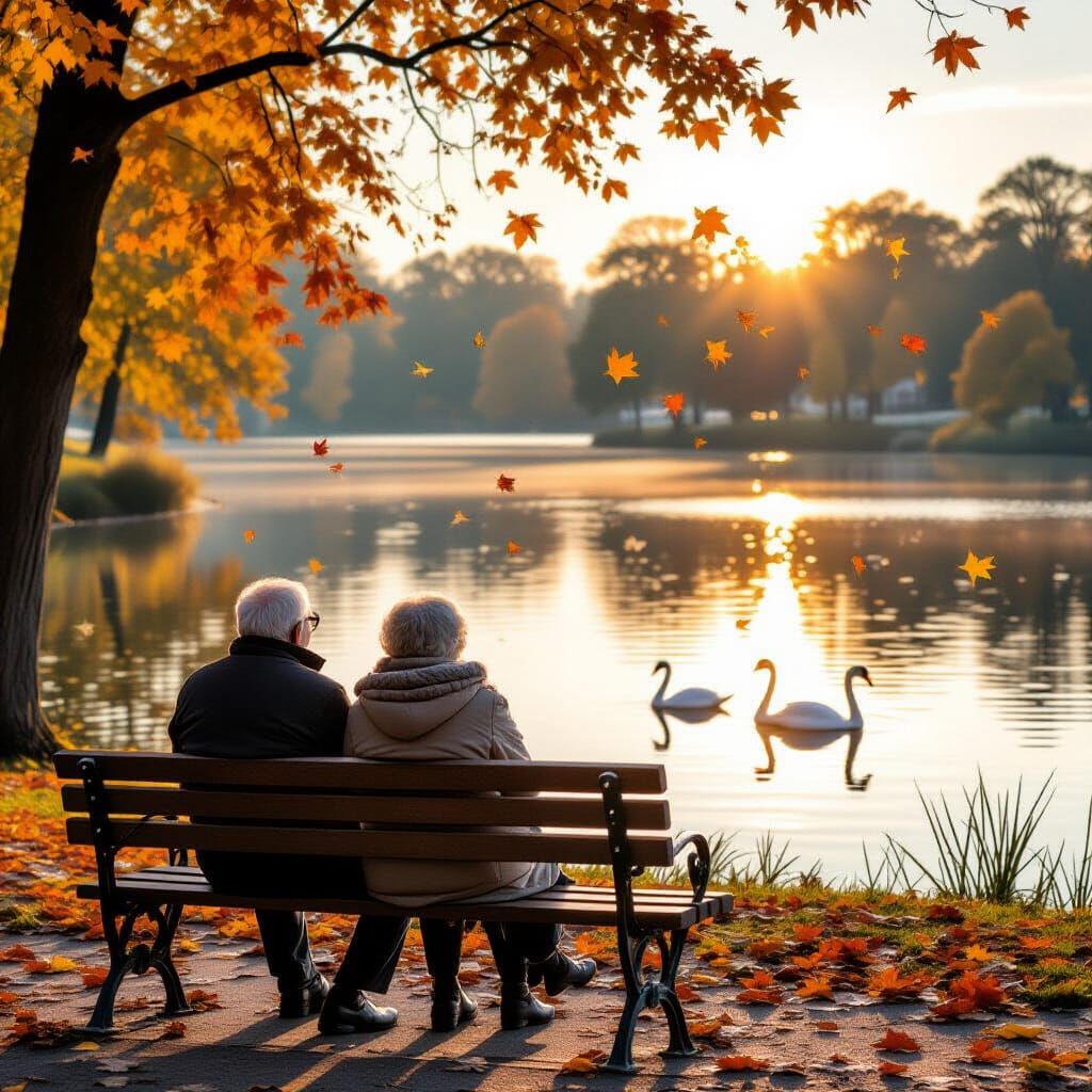 An elderly couple sitting on a park bench at a lake watching swans, the view is from the back. It's a fall morning leaves are falling, the m...