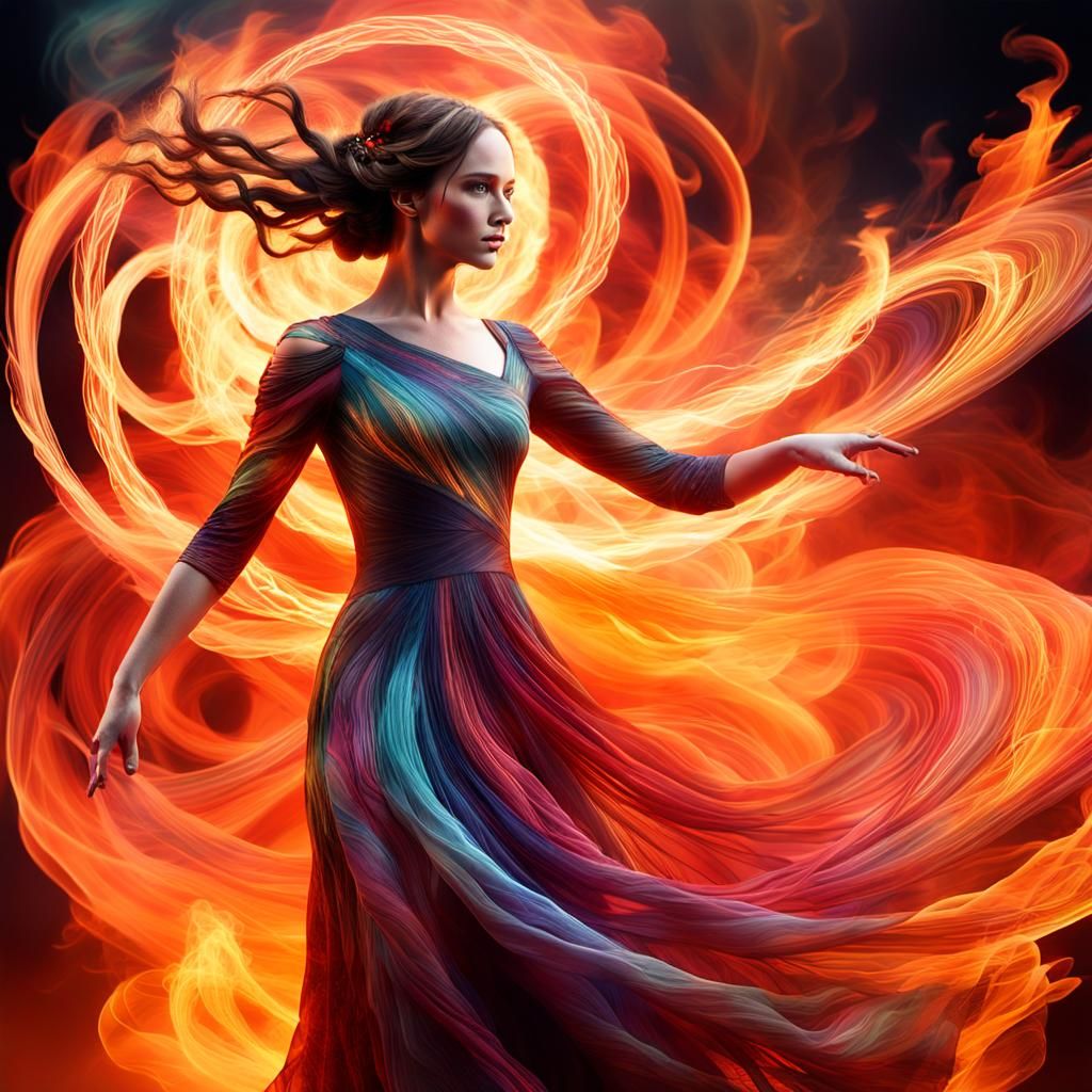 Katniss Everdeen twirls, flames merging with her dress - AI Generated ...