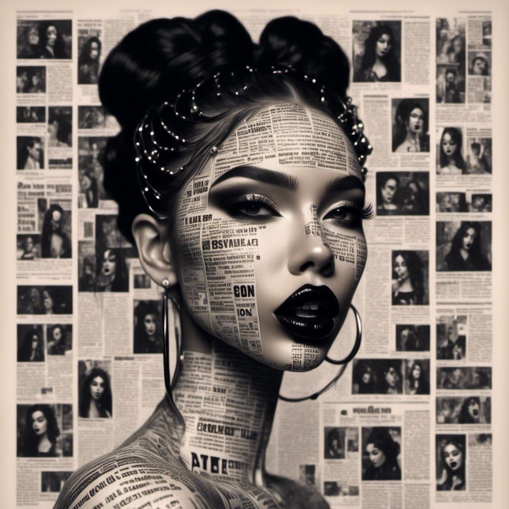 beautiful black long haired woman ,skin like newspaper, piercings, black lips <lora:Newspaper Texture:1.0> <lora:ensidia:1.0> 