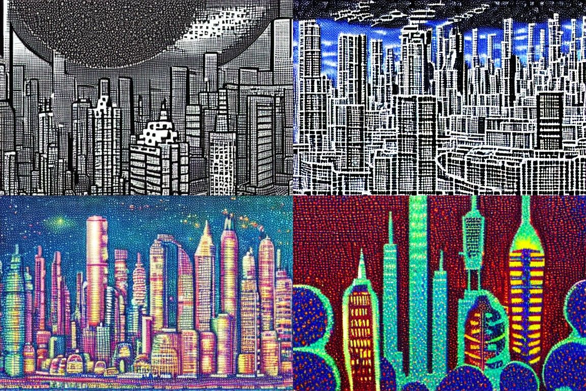 Sci-fi city in the style of Pointillism