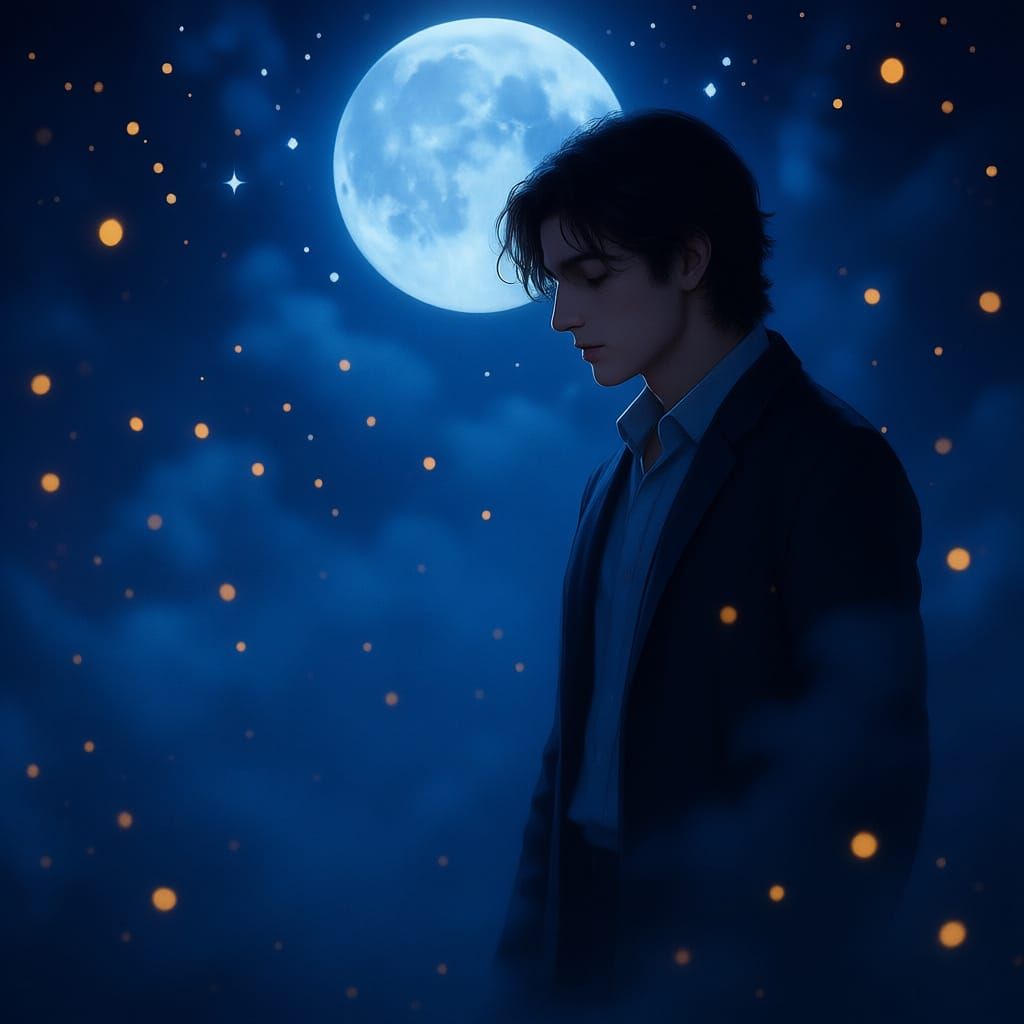 A dreamy night scene where the same two characters from the reference image meet for the first time. They stand a few steps apart, surrounde...