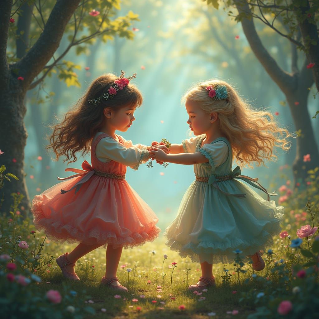 Whimsical Young Girls Entwined in Gentle Tug-of-War amidst F...