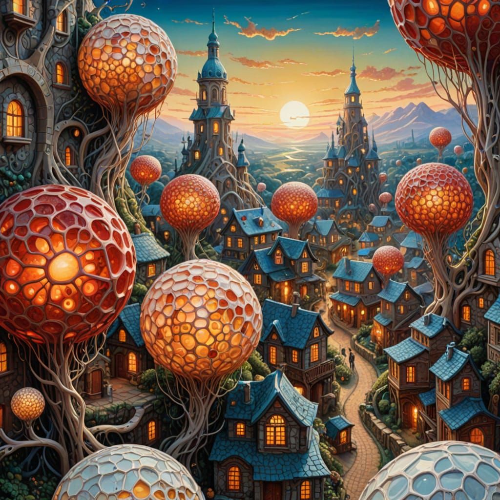 Bio cell village, with mitochondria and other cell building blocks as dwellings, with red and white blood ...  by @Juikk Supergran