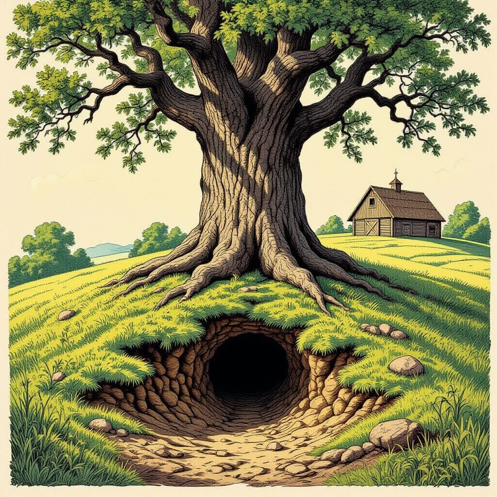 Line drawing of an entrance to an animal burrow at the base of a tree on a hill with tunnels that go underneath a chicken farm