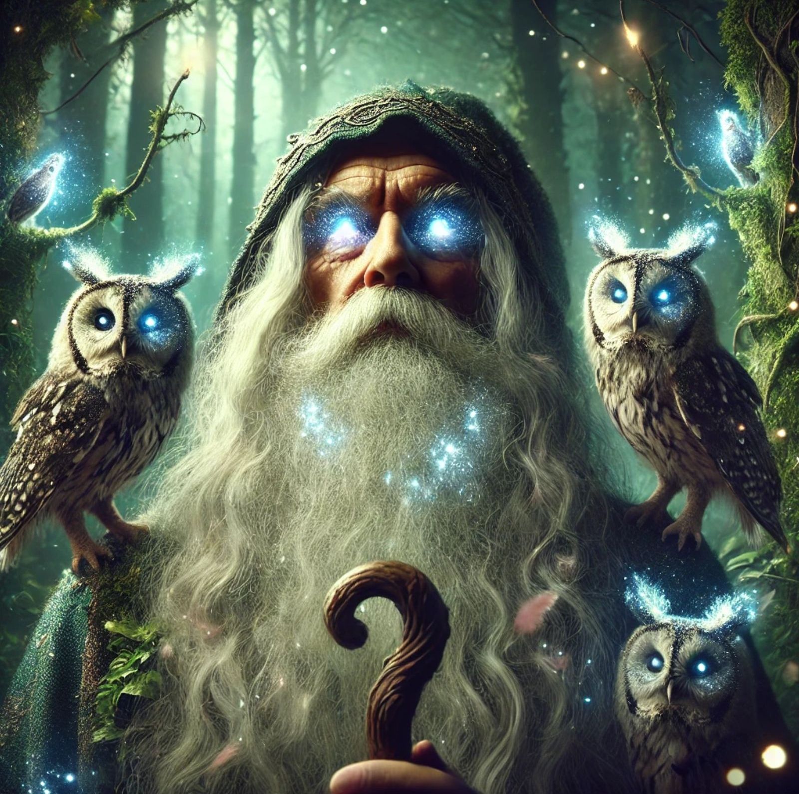 the bearded wizard with enchanted owls