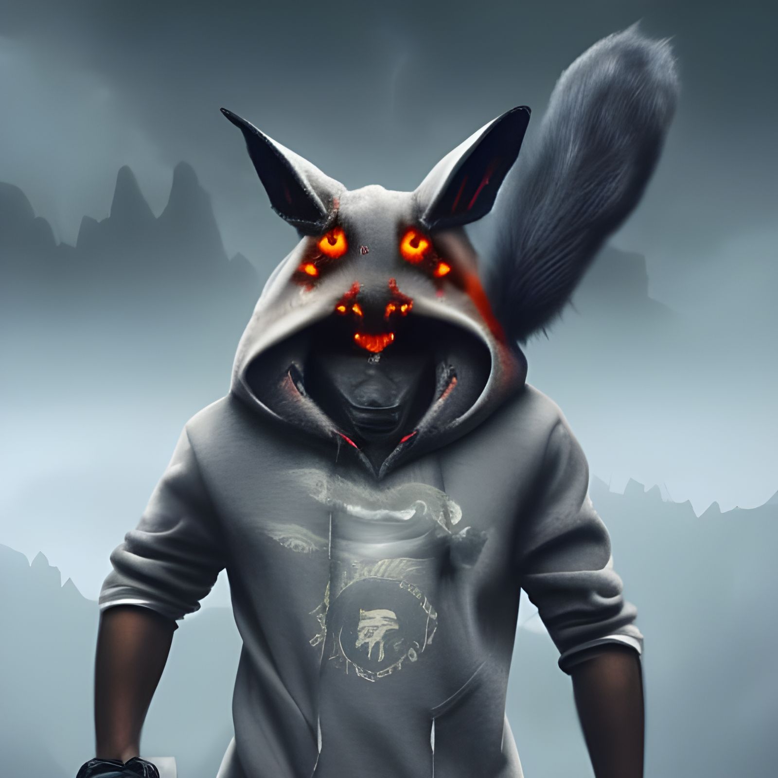 Demon in hoody with rabbit ears and fox tail. With a black face