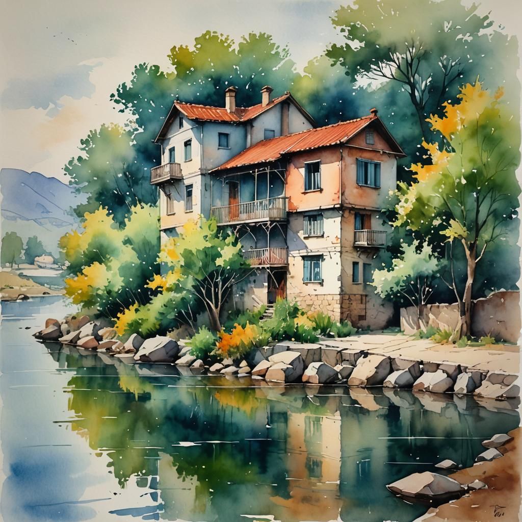 Τhe House next to the river,vibrant,faded Watercolor  by @Smaragda Eliadou