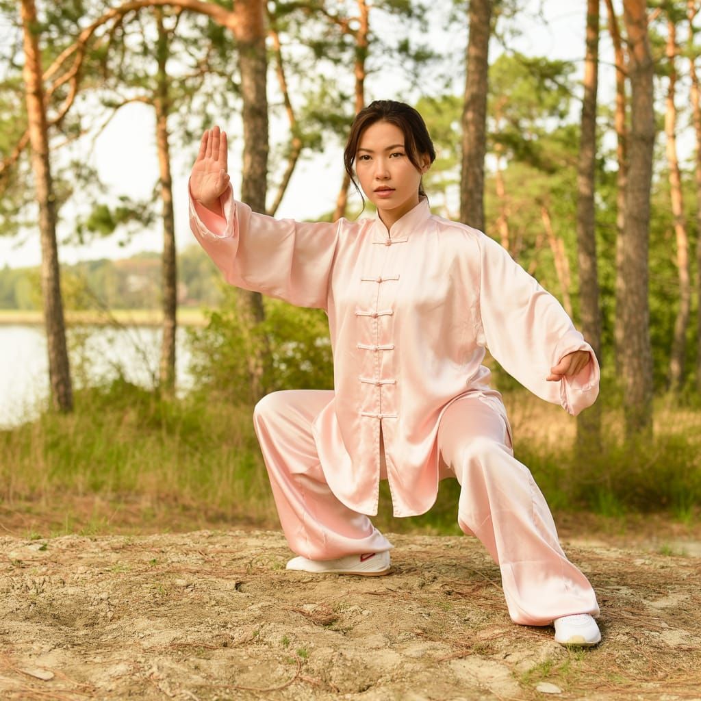 Woman Practicing Tai Chi Chuan in Forest Clearing