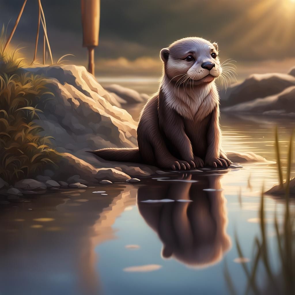 a very adorable baby otter sitting on the riverbank looking ...