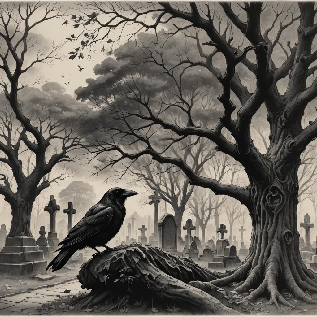 Surreal Crow Perched on Ancient Tree in Darkness