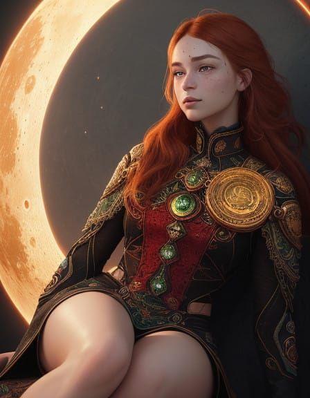 Hyperrealistic concept art. Mid shot. A blue-eyed, freckled young Caucasian woman stands in a colorful background. Close-up. Splash art styl...