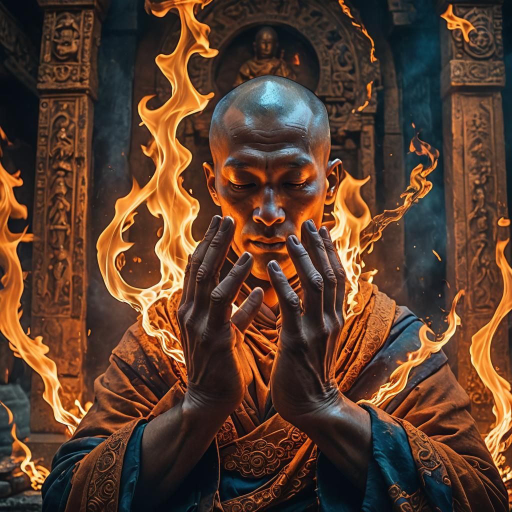 Mystical Flame Illuminates a Weathered Monk's Face in a Sacr...