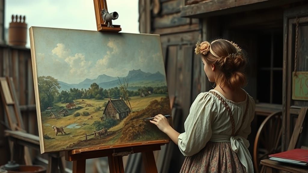1850's Victorian girl with a large canvas on an easel, in a London slum painting a landscape  by @Wrapper