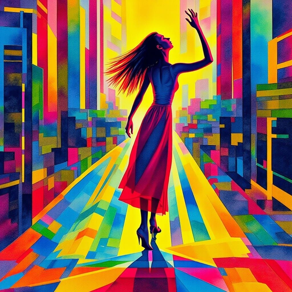 Pop Art Woman Dancing in Stormy City