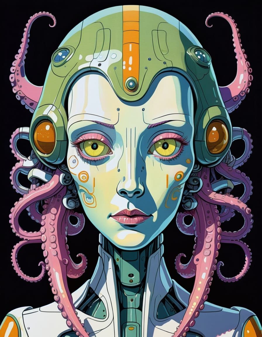 beautiful robot face female VincktoriaTheGoth Octosquid9000 Addams gouache, watercolor, retro comic book style, erin hanson, moebius, ghibli...
