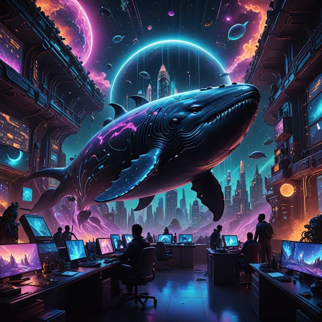 A sprawling, futuristic cityscape built upon the back of a slumbering, colossal space whale, navigating through a sea of...
