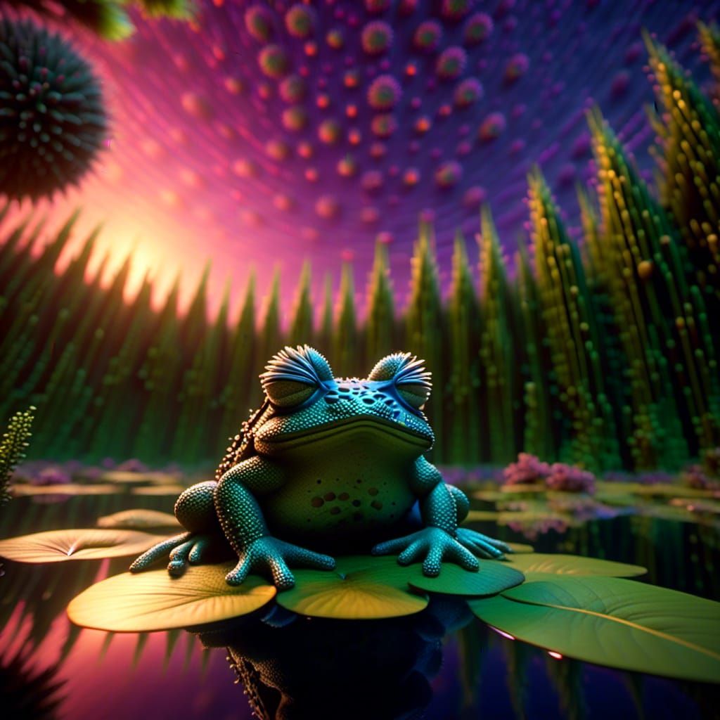 <lora:1TI-E:1.0> A frog sitting on a leaf in a pond, stunning forest sunset. Endless landscape view.
