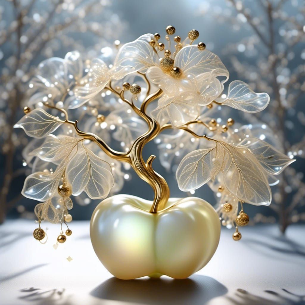 A single large hyperreal delicate ethereal fantasy translucent iridescent magical pale gossamer Apple ornately embellished with the finest f...