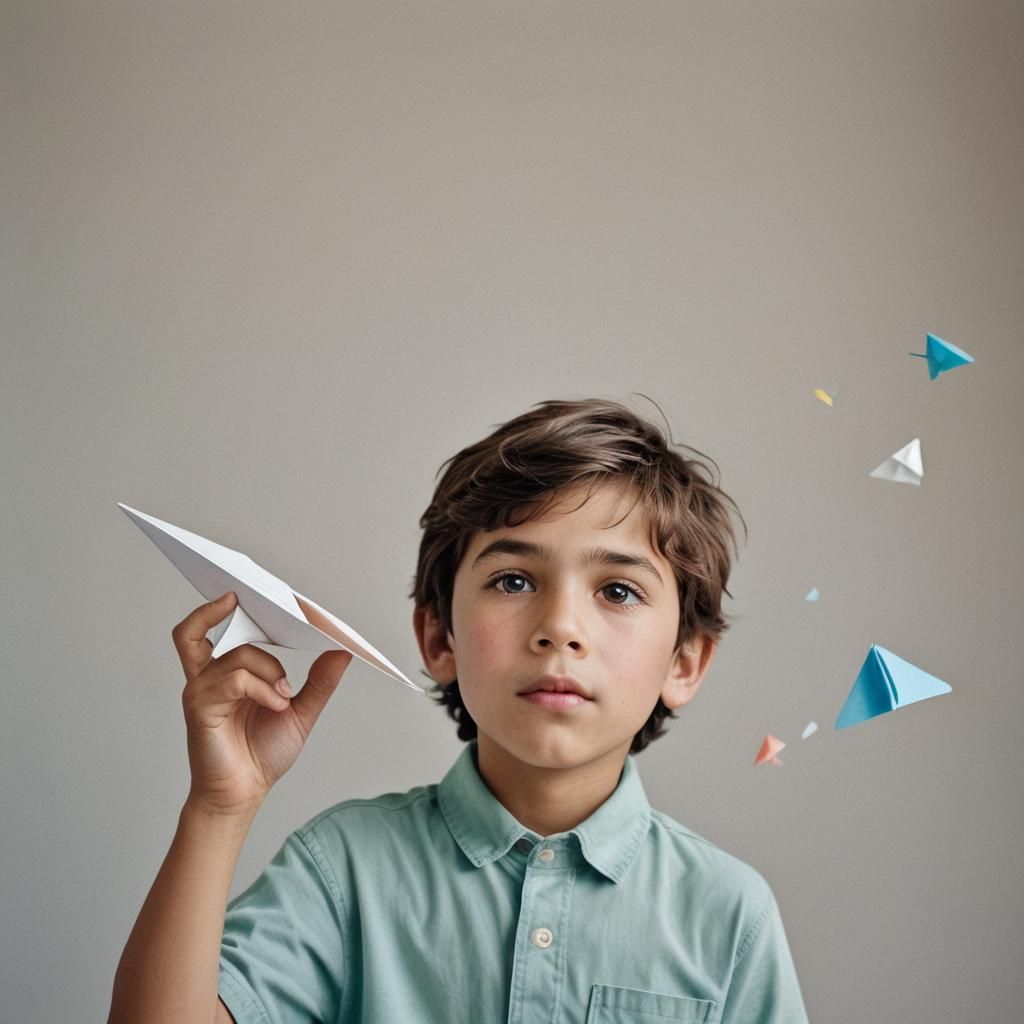 A Boy Takes Flight on a Paper Airplane in Soft Pastel Hues