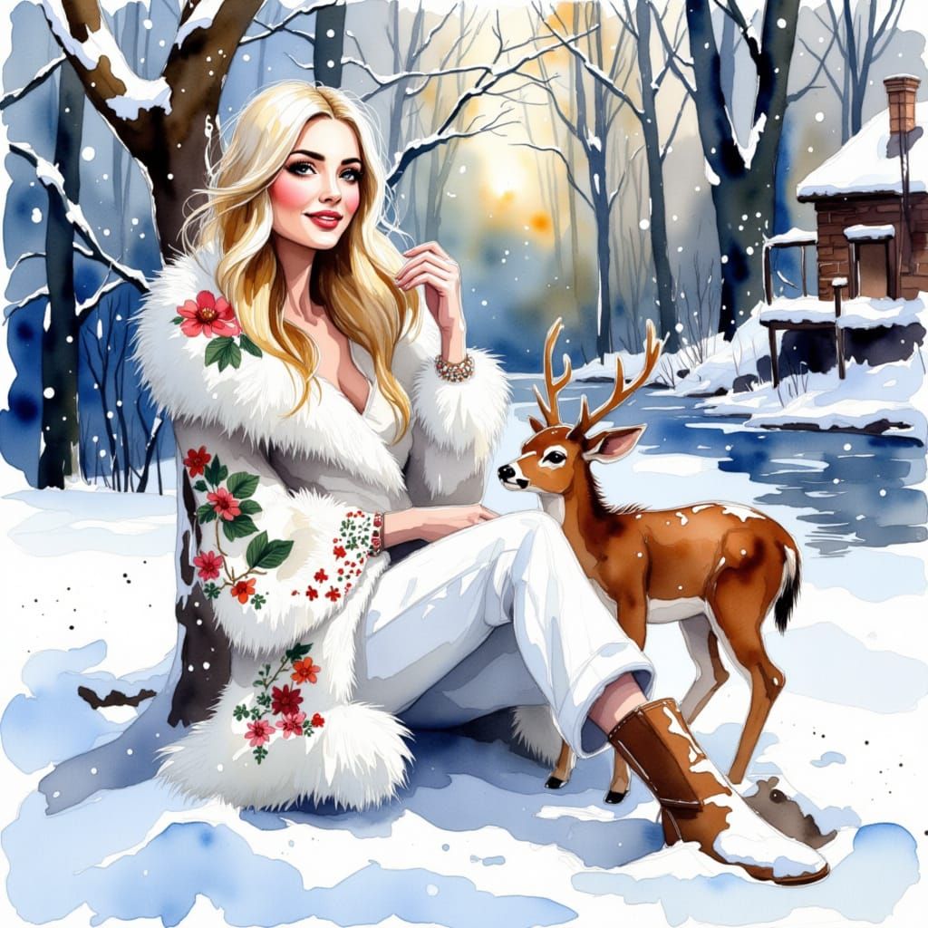 <lora:GrokFlux:1.0>  A fabulous winter forest with a snowy house and a frozen lake. A smiling beautiful WOMAN sits under a snow-covered tree...