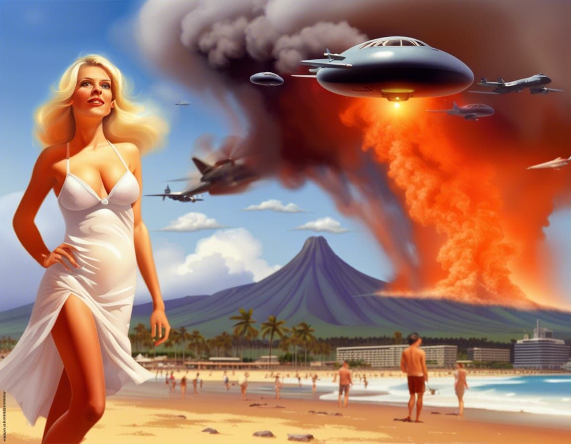 Glamorous happy Hawaiian girl wearing a skimpy grass skirt, coconut bra  standing on Waikiki Beach with a huge volcano, huge tsunami, a ufo a -  AI Generated Artwork - NightCafe Creator